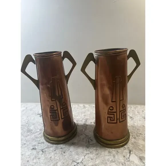 2 Gebrüder Bing Nuremberg Vases Circa 1900-10 Brass Copper Geometric JL